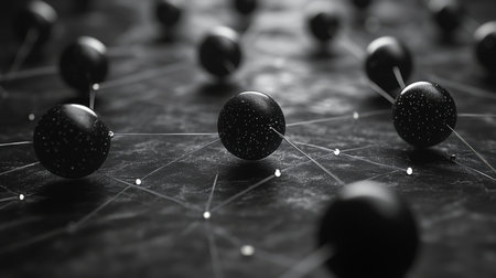Black spheres connected by lines on a textured surface representing complex interactions in a molecular network. Generative AIの素材