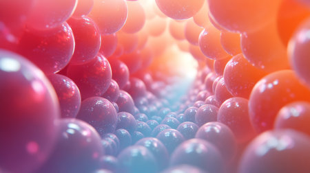 Colorful abstract representation of a tunnel made of spheres, depicting a vibrant, surreal journey through a 3D space. Generative AIの素材