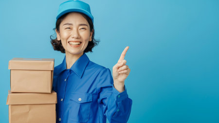 Asian Smiling Delivery Woman Holding Boxes And Pointing Up Indoors On Blue Backgroundの素材