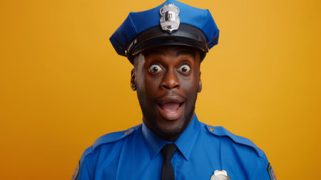 Surprised Black Police Officer in Uniform Against Bright Yellow Background During the Dayの素材