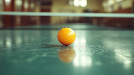 An orange table tennis ball resting on a green table ready for play in a well-lit recreational space. Generative AIの素材