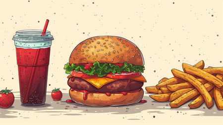 Drawing of a Hamburger, Fries, and Drinkの素材