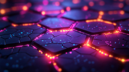 Futuristic digital hexagonal pattern illuminated by vibrant orange and blue lights at night creating a high-tech atmosphere. Generative AIの素材