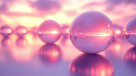 Translucent orbs reflect a stunning sunset glow over a serene landscape during golden hour. Generative AIの素材