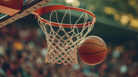 A basketball approaches the net during an exciting game in a vibrant outdoor court filled with eager fans in the background. Generative AIの素材