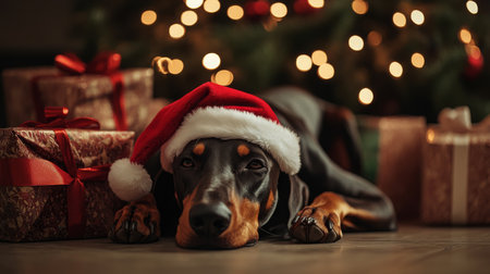 A festive Doberman wearing a Santa hat relaxes among presents near a Christmas treeの素材