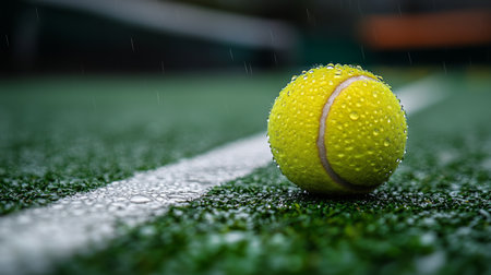 A wet tennis ball rests on a rain-soaked court during an overcast day, showcasing droplets on its bright yellow surface. Generative AIの素材
