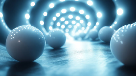 Floating white spheres illuminate a spiraled tunnel in a futuristic, blue-lit environment during a digital art creation session. Generative AIの素材