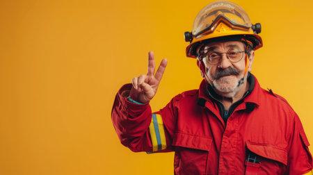 Elderly Firefighter Giving Victory Sign Against Yellow Background Indoorsの素材