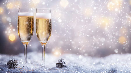 Toasting with sparkling champagne in elegant flutes during a winter celebrationの素材
