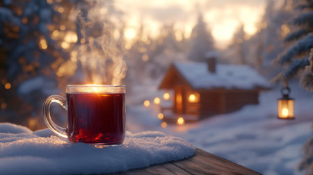 A steaming cup of tea sits on snow near a cozy cabin in a winter landscape at sunsetの素材
