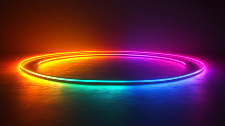 Colorful neon light ring glows in a dark, empty space creating an artistic and vibrant atmosphere at night. Generative AIの素材