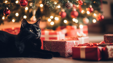 A black cat relaxes by a beautifully decorated Christmas tree surrounded by wrapped giftsの素材
