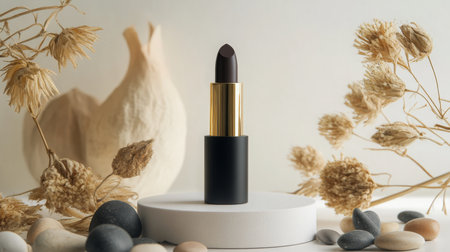 Elegant dark lipstick displayed on a minimalist surface with dried flowers and stonesの素材