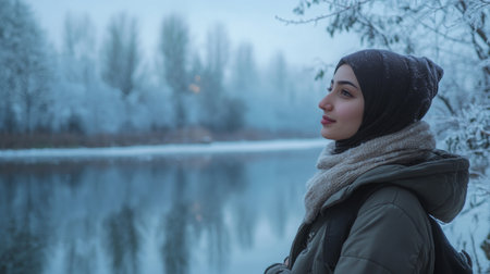 A young woman contemplating by serene winter lake surrounded by snow-covered trees at duskの素材