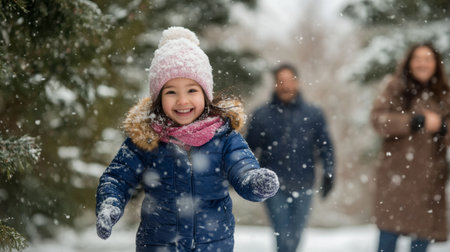 Joyful child playing in the snow with family in a winter wonderland settingの素材