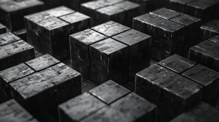 A close-up view of interconnected dark cubes arranged in a pattern, captured in a dimly lit environment highlighting their textures. Generative AIの素材