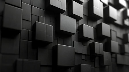 Abstract black geometric blocks arranged in a varied pattern on a textured surface creating a modern design aesthetic. Generative AIの素材