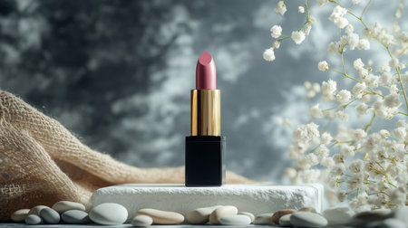 Elegant pink lipstick displayed on a stone with flowers and pebbles in a serene settingの素材
