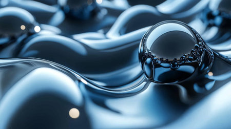 Captivating close-up of metallic droplets resting on a smooth, rippling surface creating a mesmerizing visual effect. Generative AIの素材