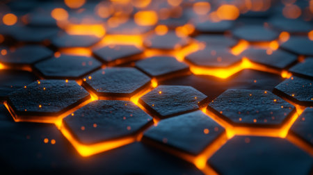 Hexagonal tiles glowing with molten orange light create a striking visual contrast on a dark surface at nighttime. Generative AIの素材
