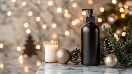 A black pump bottle of hand soap sits on a marble surfaceの素材