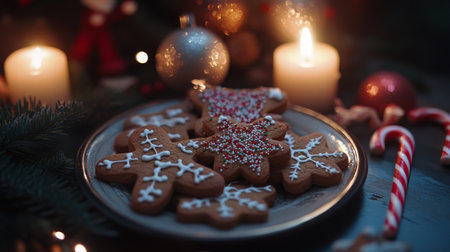 A plate of gingerbread cookies sits on a dark wooden tableの素材