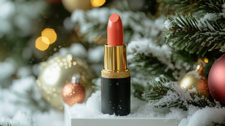 A red lipstick sits on a white surface near a snowy Christmas treeの素材
