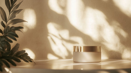 A jar of cream sits on a table in the sunlightの素材