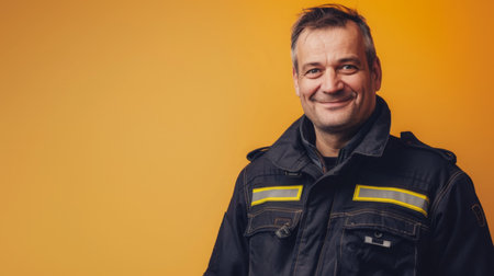 Smiling Firefighter in Uniform on Orange Backgroundの素材