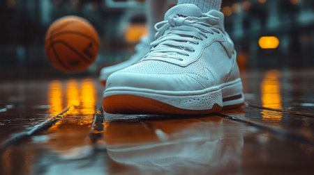 A basketball sneaker rests on polished wood floor as a ball rolls nearby during an urban sports gathering in the evening. Generative AIの素材