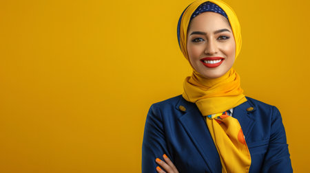 Smiling Woman in Yellow Hijab and Blue Blazer Against a Yellow Background During the Dayの素材