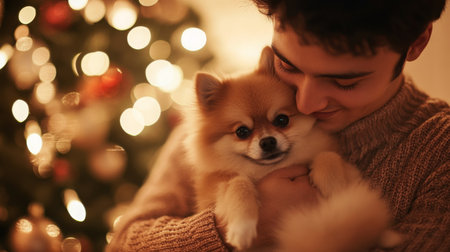 A young man shares a heartwarming moment with his fluffy dog by the Christmas treeの素材