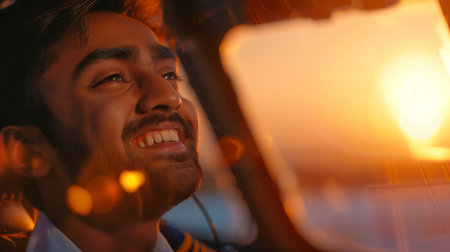 Man Smiling at Sunset Through Plane Window During Golden Hour Driveの素材