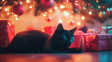 A black cat rests peacefully under shimmering Christmas tree filled with colorful presentsの素材