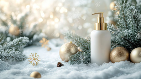 A winter-themed display featuring a cosmetic bottle amidst snow and festive decorationsの素材