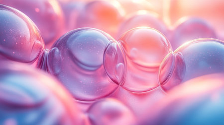 Colorful bubbles reflect light in a dreamy abstract setting with soothing hues and soft textures at dusk. Generative AIの素材
