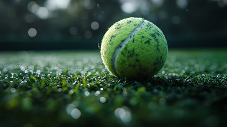 A close-up of a weathered tennis ball resting on a lush green court during a sunny day. Generative AIの素材