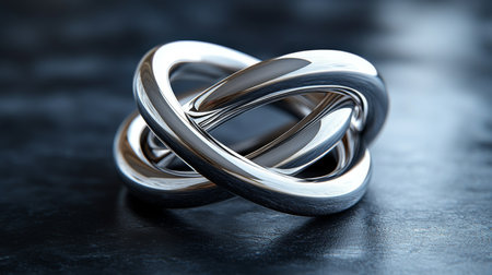 Intricately designed silver metallic sculpture showcasing elegant curves and loops on a dark surface. Generative AIの素材