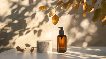 Warm autumn light highlighting amber bottle and marble container on a minimalist tableの素材