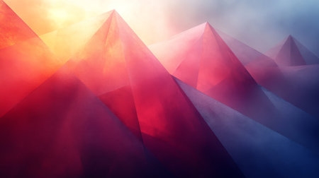 Colorful pyramids emerge through mist at sunrise, creating a surreal landscape scene that captivates the imagination. Generative AIの素材
