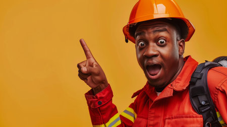 Excited Asian Firefighter in Safety Gear, Pointing up Against Yellow Backgroundの素材