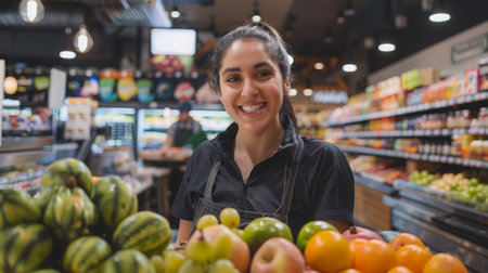 Smiling Female Grocer Working in Fruit Section of Busy Market in the Eveningの素材