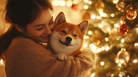 A joyful woman embraces her Shiba Inu in front of a beautifully decorated Christmas treeの素材