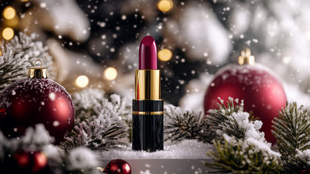 Cozy winter display with luxe lipstick amid festive decorationsの素材