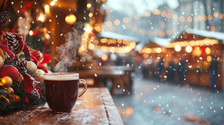 Cozy winter market scene with a steaming cup of coffee amidst festive decorations and snowの素材
