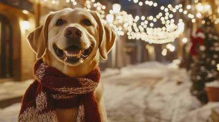 A cheerful dog in a cozy scarf enjoys a festive evening in a snow-covered holiday streetの素材