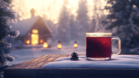Warm beverage by a cozy cabin surrounded by winter snow and soft evening lightの素材