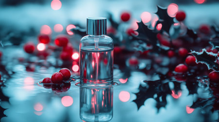 A glass bottle of liquid on reflective surface surrounded by red berries and holly leavesの素材
