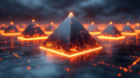 Mysterious glowing pyramids amid a dark landscape illuminated by vibrant orange light during twilight. Generative AIの素材